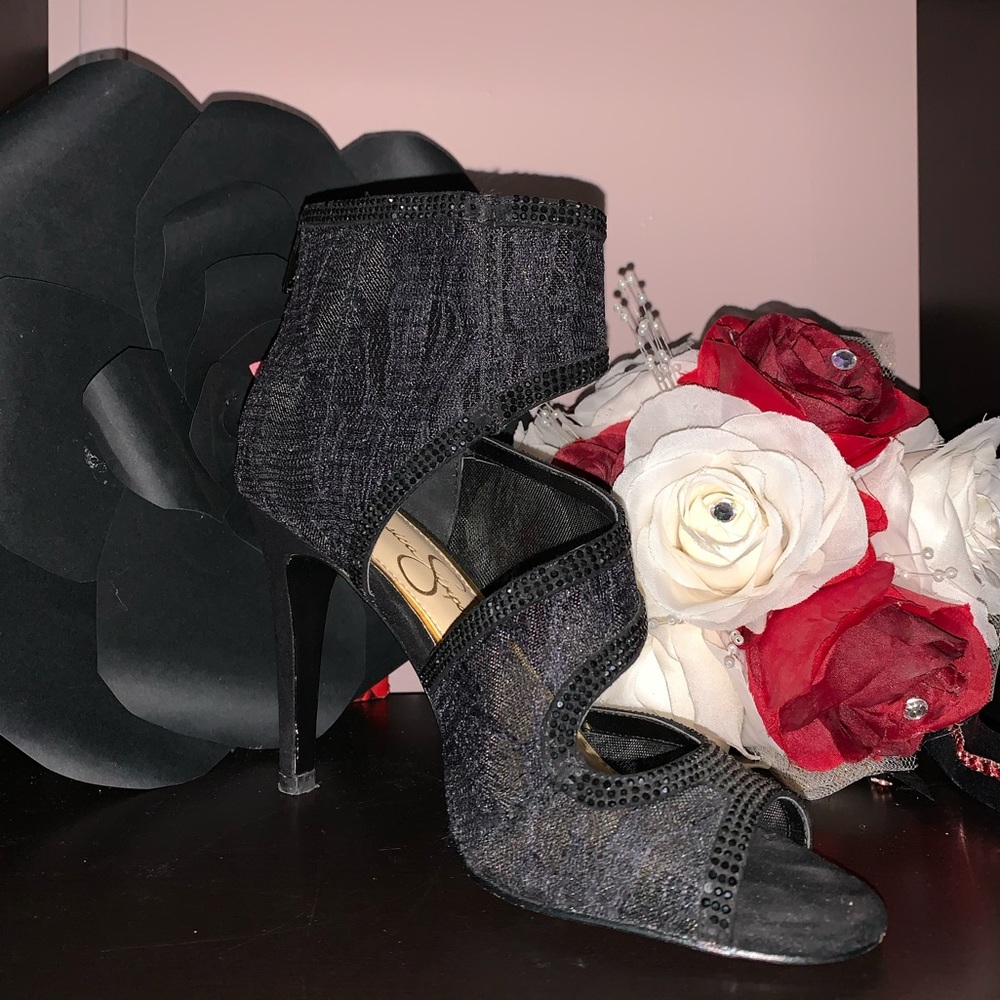 Jessica Simpson Sparkly All Black Heels, Open Toe